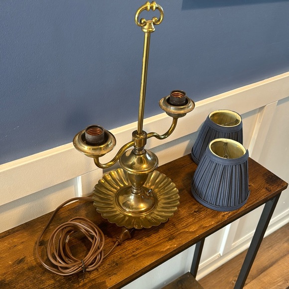 Other - Vintage Brass Ornate Regency Double
Light Table Desk Lamp with 2 blue shades